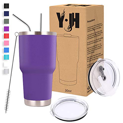 Y·J&H 30oz (850ml) Doppelwandig Vakuum Isolierter Autobecher, Edelstahl Reiseflasche, Thermobecher Kaffee to Go mit 2 Spritzfestem Deckel 2 Strohhalm, Rohrbürste,BPA Free - Lila