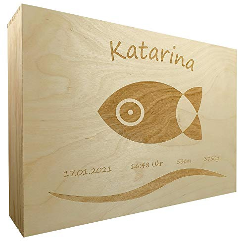 laser-diele Holzkiste mit Gravur – Erinnerungsbox mit Name – Personalisierte Erinnerungskiste Holz – Geschenk zur Geburt – Taufgeschenke – Fisch