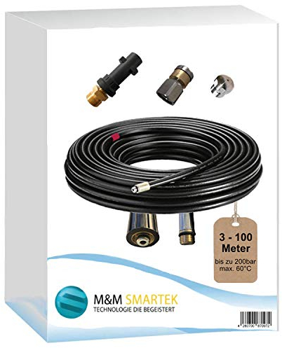 Rohrreinigungsschlauch Länge frei wählbar bis zu 200 bar / 60 °C inkl. Bajonett Adapter - starre und rotierende Düse für Hochdruckreiniger u.a. geeignet für Kärcher (50 Meter)