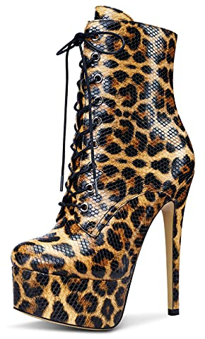 Castamere Donna Plateau Stivali alla Caviglia Cerniera Lacci Boots Tacco a Spillo 15CM High Heels Marrone Leopardo Scarpe EU 41