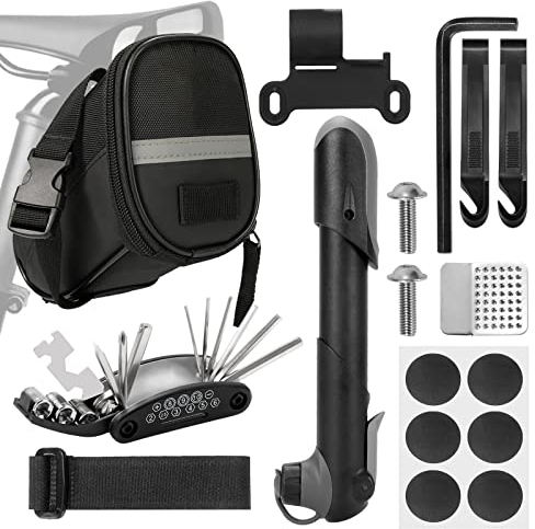 Bolsa Bicicleta Sillin con Kit Herramientas Bicicleta Multifuncional, Mini Bomba, Llave Multiusos 16 en 1, Kit Reparación Pinchazos y Neumáticos Bicicleta para MTB y Bicicletas de Carretera Montaña