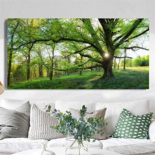 HOLEILUCK Paysage de forêt verte impressions surdimensionnées Art mural toile peinture arbres géants photos pour salon décoration de la maison 80x160cm(31.50x62.99in) Avec Cadre