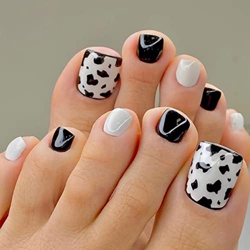 RUNRAYAY Black & White Press On Toenail with Dairy Cow Pattern, French Tip Fake Toe Nails Press Ons Full Cover Artificial Foot Nails for Nail Salons And Diy Nail Art Summer 24Pcs
