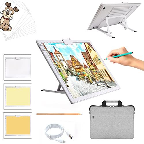 TOHETO A3 Recargable Mesa de Luz Para Calcar con Bolsa,Soporte Plegable, Mesa de Luz Dibujo Tableta de Luz, LED Tableta de Luz Dibujo con Brillo Ajustable para Bocetos Diseño Diamante Pintura (Blanco)