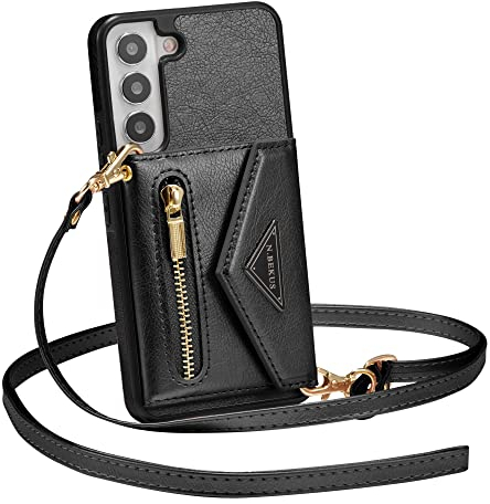 ZCDAYE Hülle für Samsung Galaxy S23 Plus mit Band, Leder Galaxy S23 Plus Handyhülle Handytasche Kleine Geldbörse Handykette Umhängetasche Case für Samsung S23 Plus, Schwarz