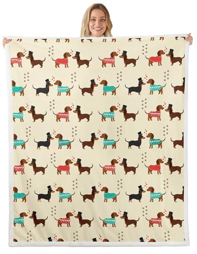 Homewish Dackel Decke 75x100 für Liebhaber Süßer Wursthund Decke Werfen Braune Hundepfoten Fuzzy Kawaii Pärchen Welpen Fleece