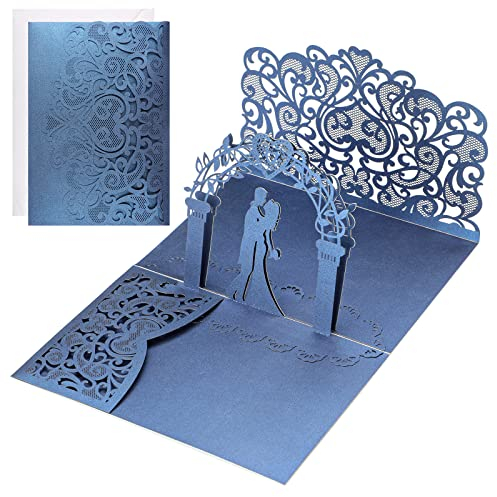 Hochzeitskarte, 3D Pop-Up Glückwunschkarte zur Hochzeit & Trauung, Edel Hochzeitskarte als Geldgeschenk für Hochzeitsreise & Flitterwochen von Brautpaar (Blau)