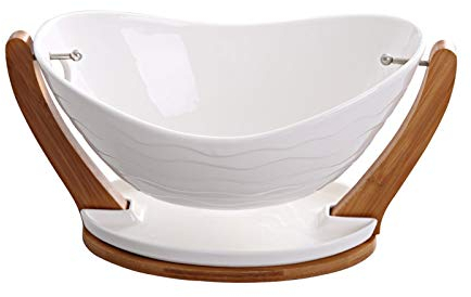 TONZN Plato de cerámica suspendido para servir, cuenco decorativo de porcelana con soporte de bambú para cubiertos