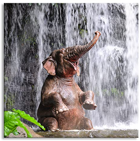 Pixxprint Glasbild, Wandbild auf Echtglas, Babyelefant am Wasserfall, 40x40 cm, inkl. Aufhängung und Abstandshalter