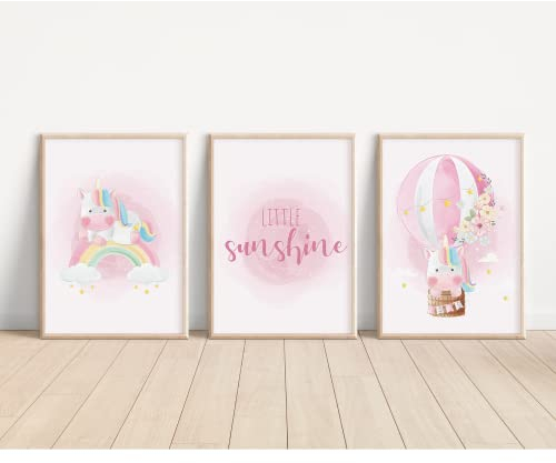 MeinBaby123® Einhorn Bilder Kinderzimmer | 3er Set DIN A4 | Einhorn Deko | Kinderzimmer Poster Set | Einhorn Geschenke für Mädchen | Kinderzimmer Deko Mädchen | Baby Geschenk (Einhorn V6)