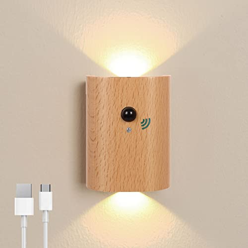 SOUNAY Akku Wandleuchte mit Bewegungsmelder, Holz Wandleuchte Innen ohne stromanschluss, LED Treppenlicht Kabellos Wandlampe mit Schalter, für Treppe, Flur, Wohnzimmer, Schlafzimmer