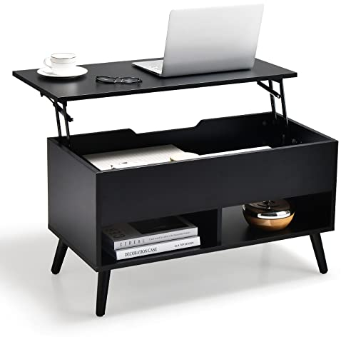 COSTWAY Table Basse Relevable, Table de Salon avec Rangement Caché, Compartiments Ouverts, Levage Pneumatique, pour Salon, Bureau, Chambre (Noir, 80 x 40 x 44,5 cm)