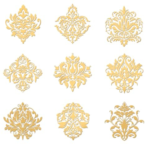 OLYCRAFT 9 Stück 4x4cm Goldene Metall Aufkleber Damast Blumen Aufkleber Selbstklebende Metall Aufkleber Goldene Brokat Aufkleber Für DIY Sammelalben Epoxidharz Kunsthandwerk Wasserflaschen Dekor