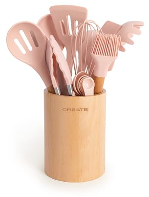 CREATE/Set de utensilios rosa y madera / 11 utensilios, silicona y madera de haya, libres de BPA, resistente al calor hasta 230°C