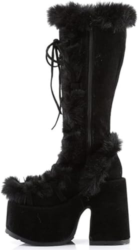 EXECAB Damen-Schneestiefel, kniehoch, mittelhohe Stiefel, Winter, warm, mit Fell gefüttert, runde Zehen, Wildleder, Plateau, Blockabsatz, Schnürung,Schwarz,40 EU