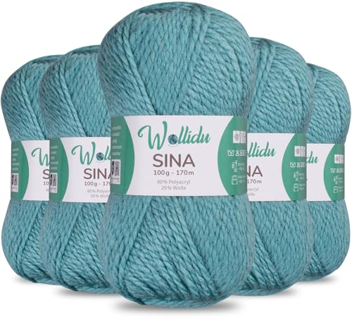 Wollidu Sina Wolle zum Stricken und Häkeln 500g Premium Strickwolle/Häkelwolle Set OEKO-TEX zertifiziert 5 x 100g/170m 80% Polyacryl 20% Schafwolle mulesing-frei - Türkis