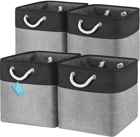 OrganiHaus 33x33 Cube Storage Bins Set of 4, Fabric Cube Baskets for Storage Shelves, Foldable Storage Cubes for Kallax Organizer Cube Bins w Rope Handles, Cubby Bins for Nursery Decor -Grey/Black