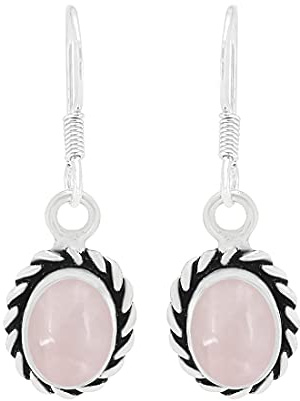 Orecchini pendenti da donna placcati in argento 925 da 3,15 ct, con pietre preziose naturali ovali, fatti a mano, Quarzo rosa Placcato argento, Quarzo