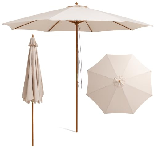 KOMFOTTEU Sombrilla Terraza Exterior 300 cm, Parasol Plegable con 8 Varillas de Bambú y Poste de Madera, Sombrilla de Jardín Redonda con 3 Alturas Ajustables, para Balcón, Playa, Mercado, sin Base