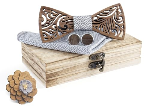 Cyriacus Fliege Set Holz, Silbergeripptes Schachbrettmotiv enthält Papillon und Manschettenknöpfe, quadratisches Halstuch und Korsage (4 PCS), Geeignet für den Einsatz in mehreren Szenen