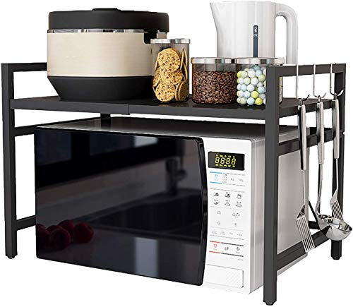 Estante de Almacenamiento para Microondas Rejilla Extensible para Horno de Microondas, Soporte para Estante de Microondas de Carga Pesada de 2 Niveles con 3 Ganchos para Colgar, Organizador de Al