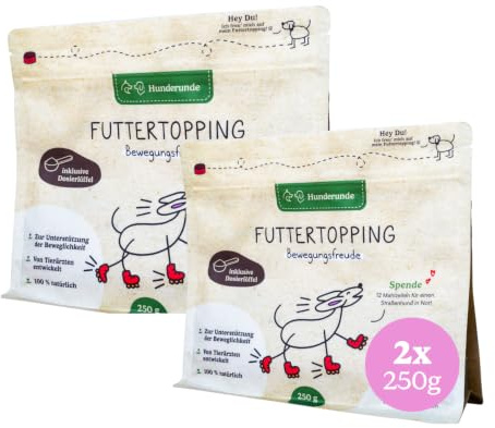 Hunderunde Futtertopping Bewegungsfreude 2 x 250g Gelenkpulver für Hunde | Natürliches Futtertopping zur Unterstützung der Gelenke & Beweglichkeit - Gelenkpulver mit MSM, Hyaluron & Omega 3