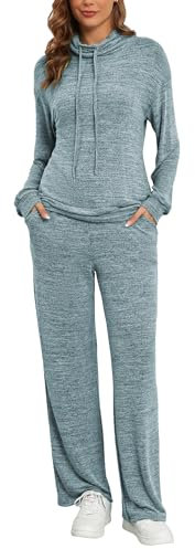 Famulily 2 Piece Women Tracksuit Sets Long Sleeve Turtleneck with Drawstring Sweatshirt and Elastic Waist Wide Leg Pants with Pockets Sky blue XL