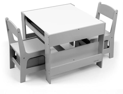 Milly Mally Möbelset - Tisch und Zwei Stühle Sven White Kindermöbel Set aus Holz, Kindertischgruppe Indoor mit Stauraum, Maltisch für Kleinkind Mädchen Jungen (Grau)
