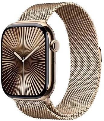 Apple Watch Series 10 (GPS + Cellular 46 mm) Smartwatch mit Titangehäuse in Gold und Milanaise Armband in Gold (S/M). Fitnesstracker, EKG App, Always-On Retina Display, Wasserschutz