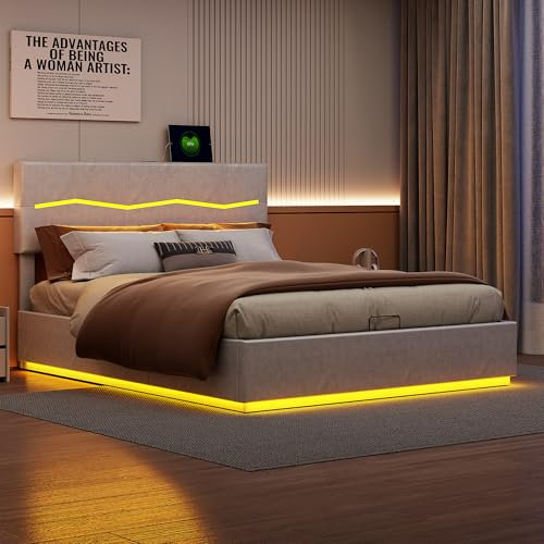 LLODERY Polsterbett Doppelbett 160x200 cm mit LED Beleuchtung und USB Ladeanschluss, Hydraulisches Stauraumbett/LED Bett, Bett mit Stauraum und Lattenrost, Jugendbett ohne Matratze, PU Leder, Beige