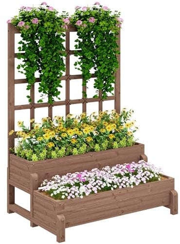 Outsunny 2-Tier Raised Garden Bed with Trellis, Wooden Elevated Planter Box with Drainage Holes, Outdoor Raised Planter for Climbing Plants, Fruits, Vegetables, Flowers, Brown