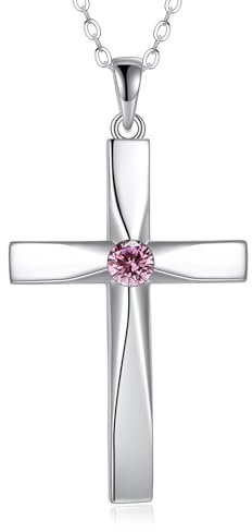 ONEFINITY Kreuz Halskette 925 Sterling Silber Origami Kreuz Geburtsstein Anhänger Halskette Religiöses Kreuz Schmuck Geschenke für Frauen(Oktober)