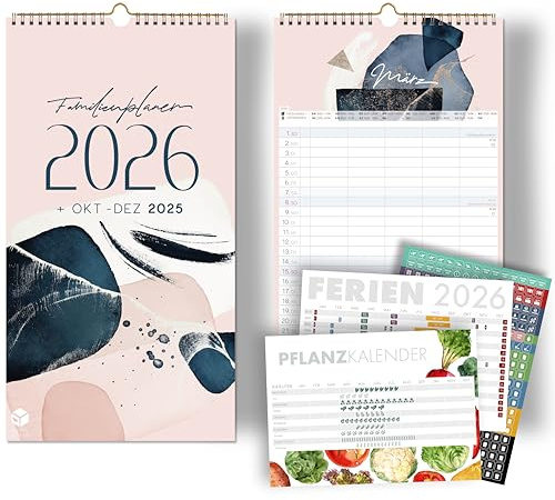 Familienplaner 5 Spalten 2026 PASTELL mit Sticker für Recycling Urlaub Ferienübersicht Familienkalender 2026 Wandplaner 23 x 43cm plus Okt-Dez 2025, plus Gemüsekalender, Wasserfarben Rosa Blau