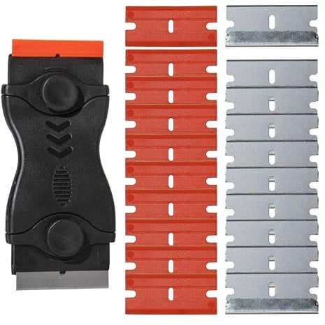 Mighty Melt Multi-Surface Plastic Scraper Tool – Non-Scratch - for Removing Burnt Food, Tough Stains & Stickers from Glass, Ovens, Hobs & More - Adhesive Remover - 10 Metal & 10 Plastic Blades