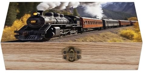 Dekorative Aufbewahrungsbox aus Holz mit Dampflokomotiven-Zug, Schmuck-Aufbewahrungsbehälter mit Scharnierschloss, Vintage-Kiste für die Organisation von Ringen, Halsketten, Schmuckstücken für Frauen