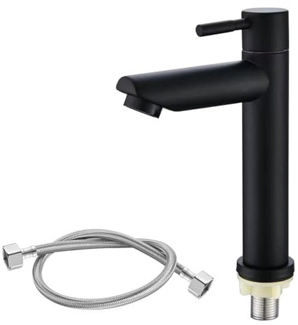 PLLYPE Kaltwasserhahn Schwarz für Gäste WC, Kaltwasser Wasserhahn, Kaltwasserarmatur, mit 80CM Anschlussschlauch, für WC, Badezimmer