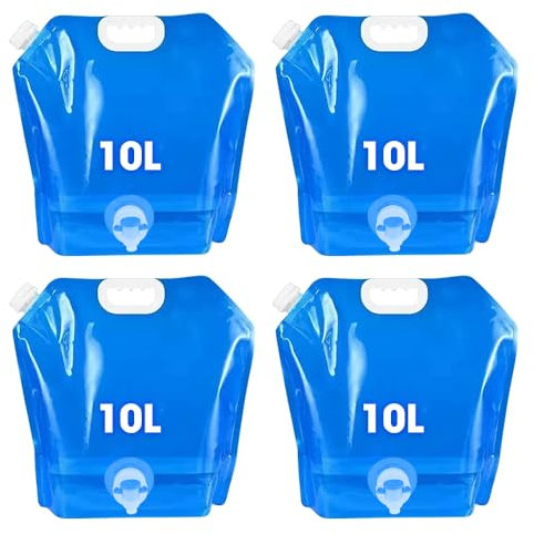 mizikuu 4 Stück 10L Faltbarer Wasserkanister, Trinkwasserkanister mit Dichtem Deckel und hahn Flexibler Wasserkanister Wiederverwendbare BPA-frei Wasserbeutel für Outdoor Camping Wanderungen Picknicks