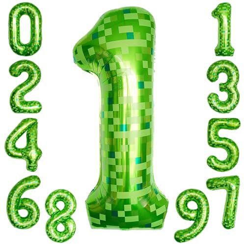 KOBOKO Grün Luftballon 1. Geburtstag, 40 Zoll Grüne Folienballon Zahl 1, 101cm XXL Pixel Miner Luftballon 1, Helium Ballon 1 Geburtstag, Geburtstagsdeko 1 Jahr Junge, Luftballons Zahlen 1 Folienballon