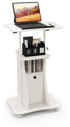 COSTWAY Escritorio de Pie Móvil con Altura Ajustable, Mesa Auxiliar con Ruedas y Escritorio Inclinable, Mesa Ordenador Pequeña, 55 x 40 x 68-114 cm (Blanco)