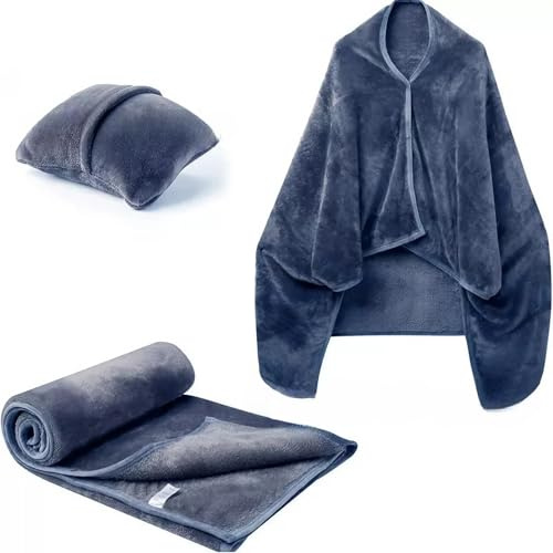 Dasellfa Reisedecke Decken Reisekisen, Camping Auto Flugzeug Gadgets Decke, Srandkissen, $chulterwaRmer, Poncho Mit KnoPfen Kissen Decke 3In 1.FüR Frauen, Manner Und Kinder (Blue)