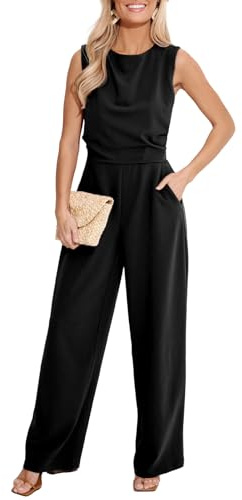 CUPSHE Damen Elegant Jumpsuit Rundhals Ärmellos Plissee Weite Beine Overall | Figurfreundliche High Waist Passform, fließender Stoff und praktische Seitentaschen für elegante Looks.