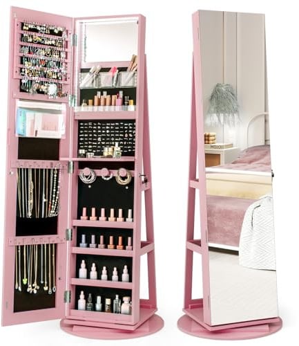 COSTWAY Schmuckschrank mit Ganzkörperspiegel, LED Spiegelschrank rahmenlos, Schmuck-Organizer 360° drehbar & abschließbar, Schmuckaufbewahrung (Rosa)
