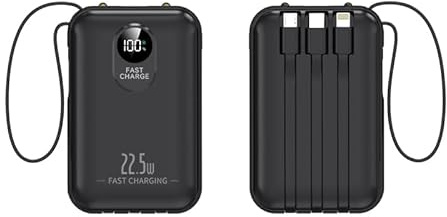 20000mAh 22.5W PD Fast Charge Power Bank with 4 Built-In Cables, Dual LED Torch & Digital Display – Portable Charger for Mobile Phones, Tablets & Devices Compatible with 8-Pin, Type-C & Micro USB