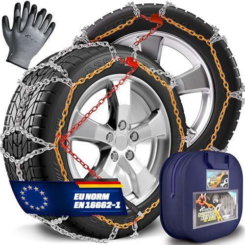 TRESKO® 2x Schneeketten Auto inkl. Handschuhe und Aufbewahrungsbox | PKW Metall Reifenketten | Schneekette EN 16662-1 & ÖNORM V5117 | Schnelle Montage | Für Front-, Heck-, Allrad (TK 80)