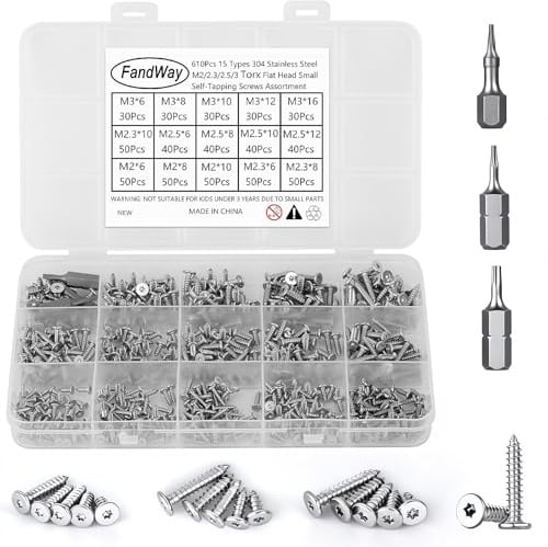 610 Pièces Vis Autotaraudeuses Tête Fraisée Torx,M2 M2,3 M2,5 M3 Petites Vis à Bois Tête Plate Acier Inox 304,Mini Tôle Autoperceuses Fileté Avec T5 T6 T8 Bit.Pour Meubles Métal Doux Plastique.