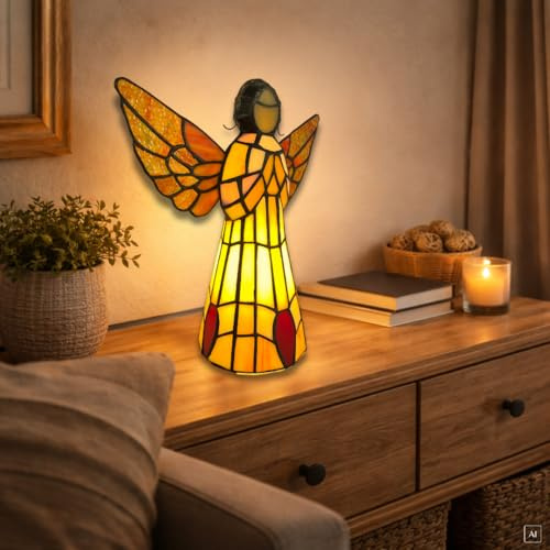 abc HOME Schutzengel - Echtglas Handarbeit - Nachttischlampe Vintage Stimmungslicht - Engelsfigur 25cm inkl. 180cm Kabel