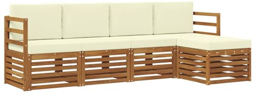 vidaXL Sofagarnituren 5 pcs Natur und Creme Massivholz Akazie, Garten, modernes Outdoor-Sofa-Set, modulare Terrassenmöbel, robuste Akazie, minimalistische Lounge, ideal für Pool