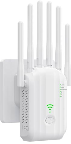 Amplificatore WiFi a 6 antenne, ripetitore fino a 1600 m² per casa antica | Elimina gli angoli morti, 2 porte LAN, configurazione rapida, compatibile con tutti i box Internet