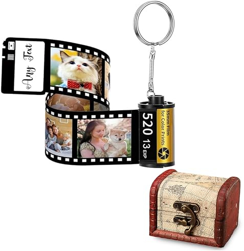 Getagift Personalized Custom Photo Film Roll Keychain with Vintage Wooden Box, Mini Camera Memory Keyring Picture Gift for Anyone, Customized with Picture Text.