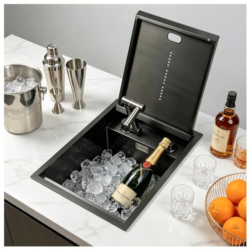 HZKSINNK 45x35cm Fregadero de barra de acero inoxidable invisible negro con grifo abatible, fregadero de cocina empotrado con cubierta, pequeño fregadero individual para isla de cocina, barra de casa